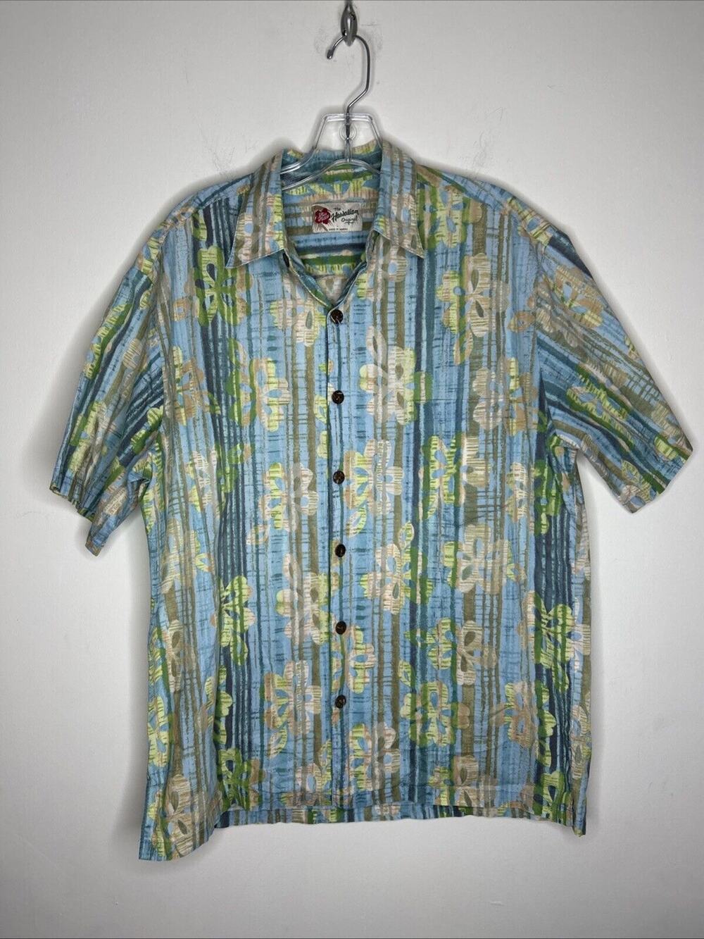 Vintage Hilo Hattie Hawaiian Shirt Mens L Blue Yellow Hibiscus Made in Hawaii